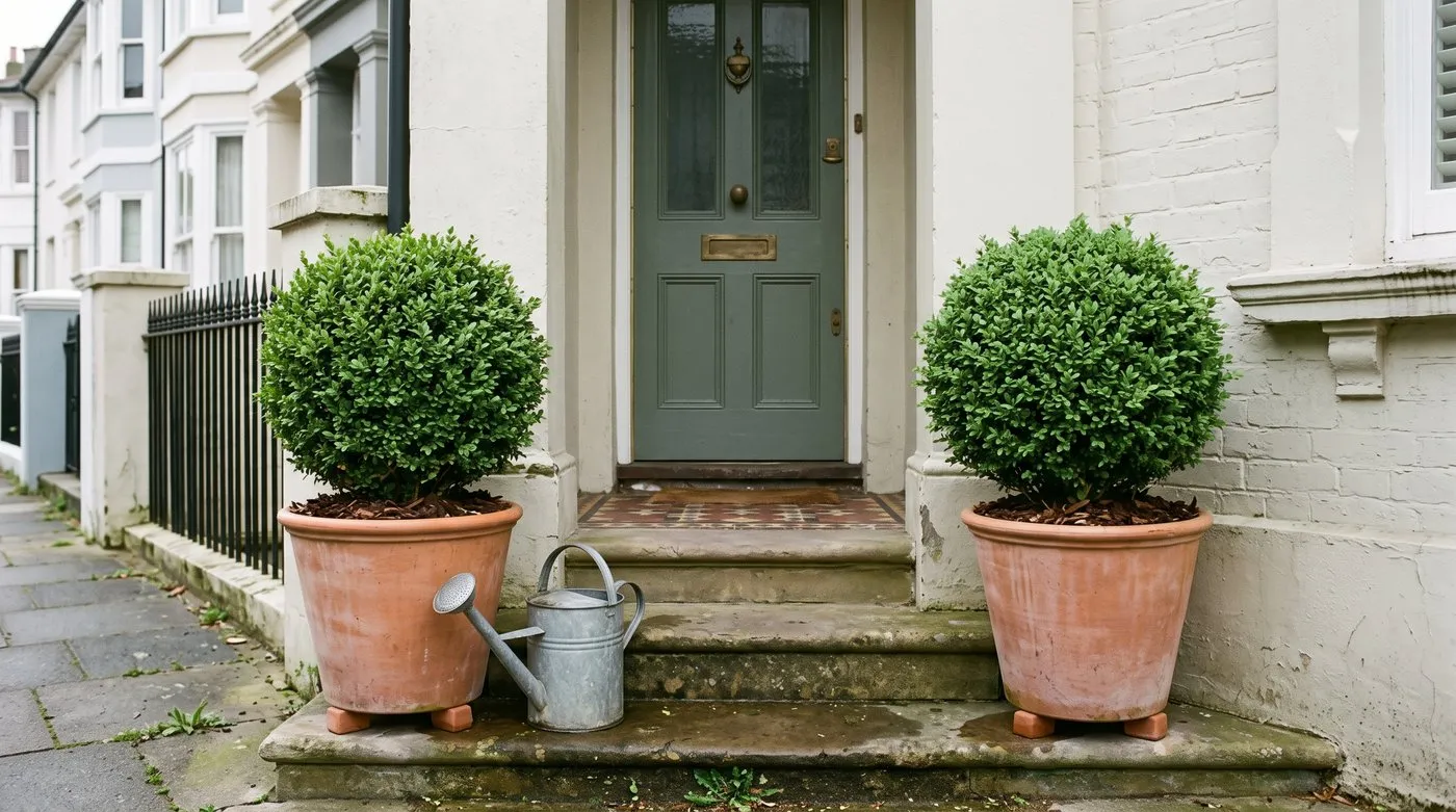 Pair of clipped box balls in terracotta pots on pot feet beside a front door