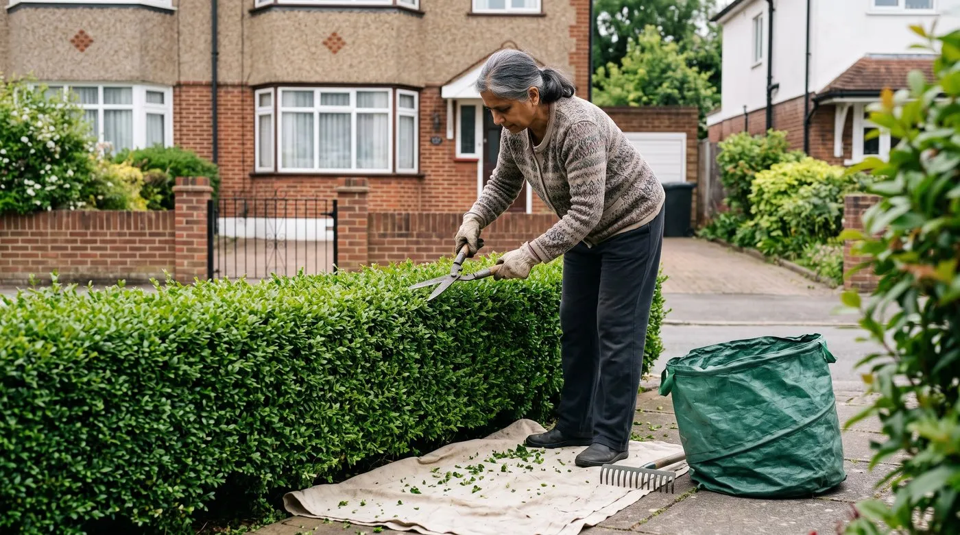 Woman clipping a low box hedge with hand shears, with a sheet laid underneath to catch the clippings