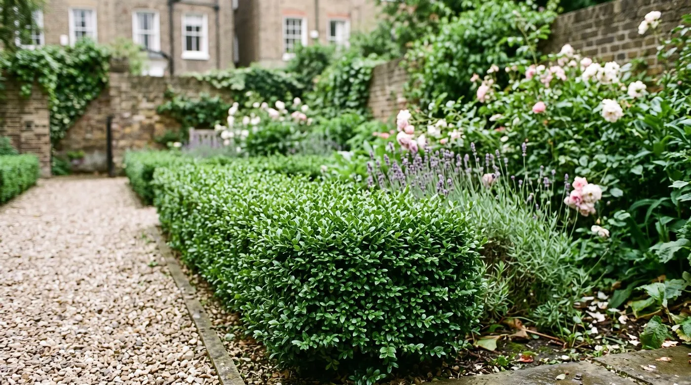 Low clipped Ilex crenata hedge with small glossy dark leaves edging a path as a box hedge alternative