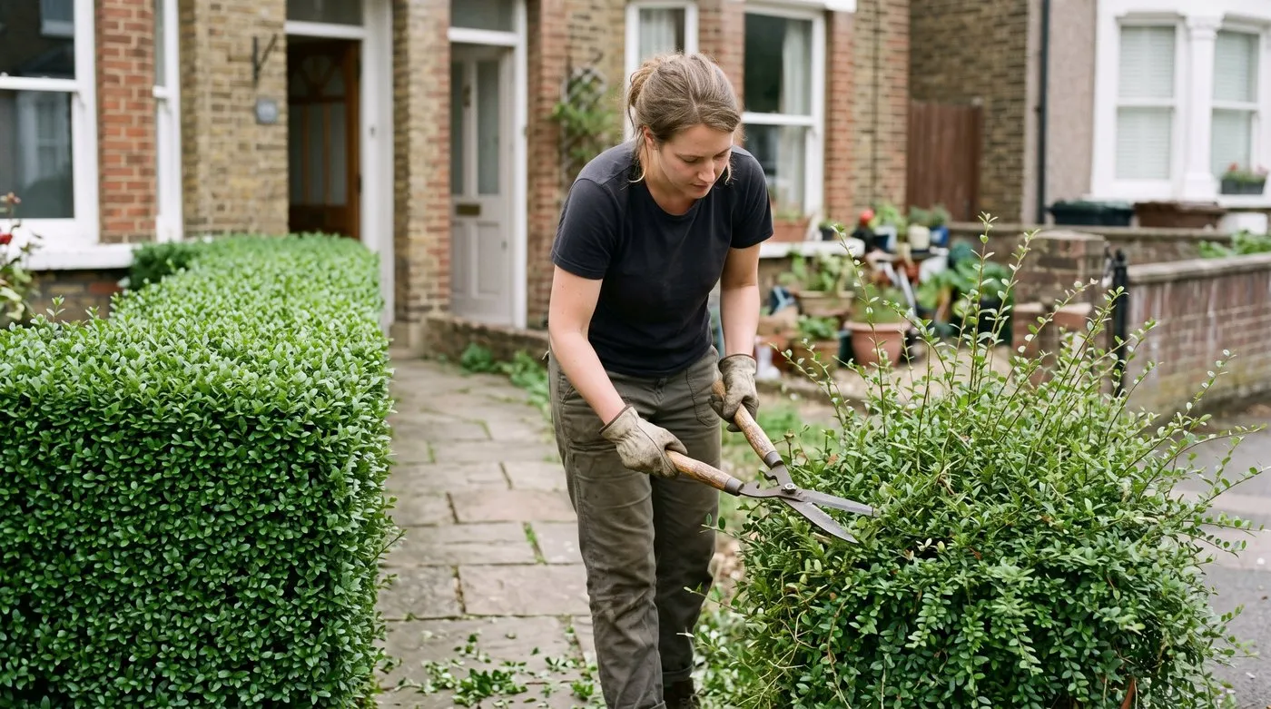 Woman clipping a shaggy Lonicera nitida box hedge alternative with shears along a UK front path