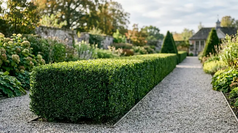 Clipped Ilex crenata Dark Green low evergreen hedge replacing box in a UK formal garden
