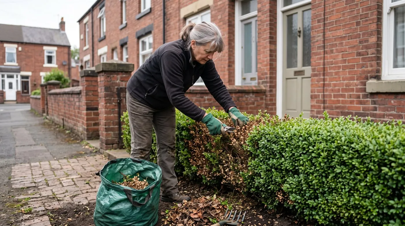 Gloved gardener cutting brown box blight sections out of a low box hedge and bagging the clippings