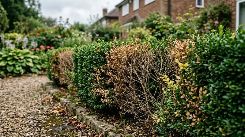 A formal clipped box hedge in a UK garden showing large brown dieback patches and bare stems against the healthy green growth