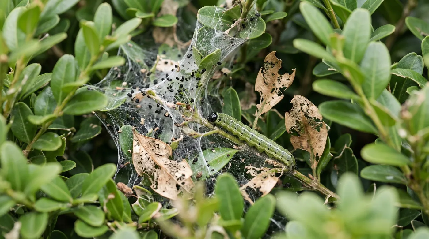 Box tree moth caterpillar with black head among white webbing and droppings inside a box shrub