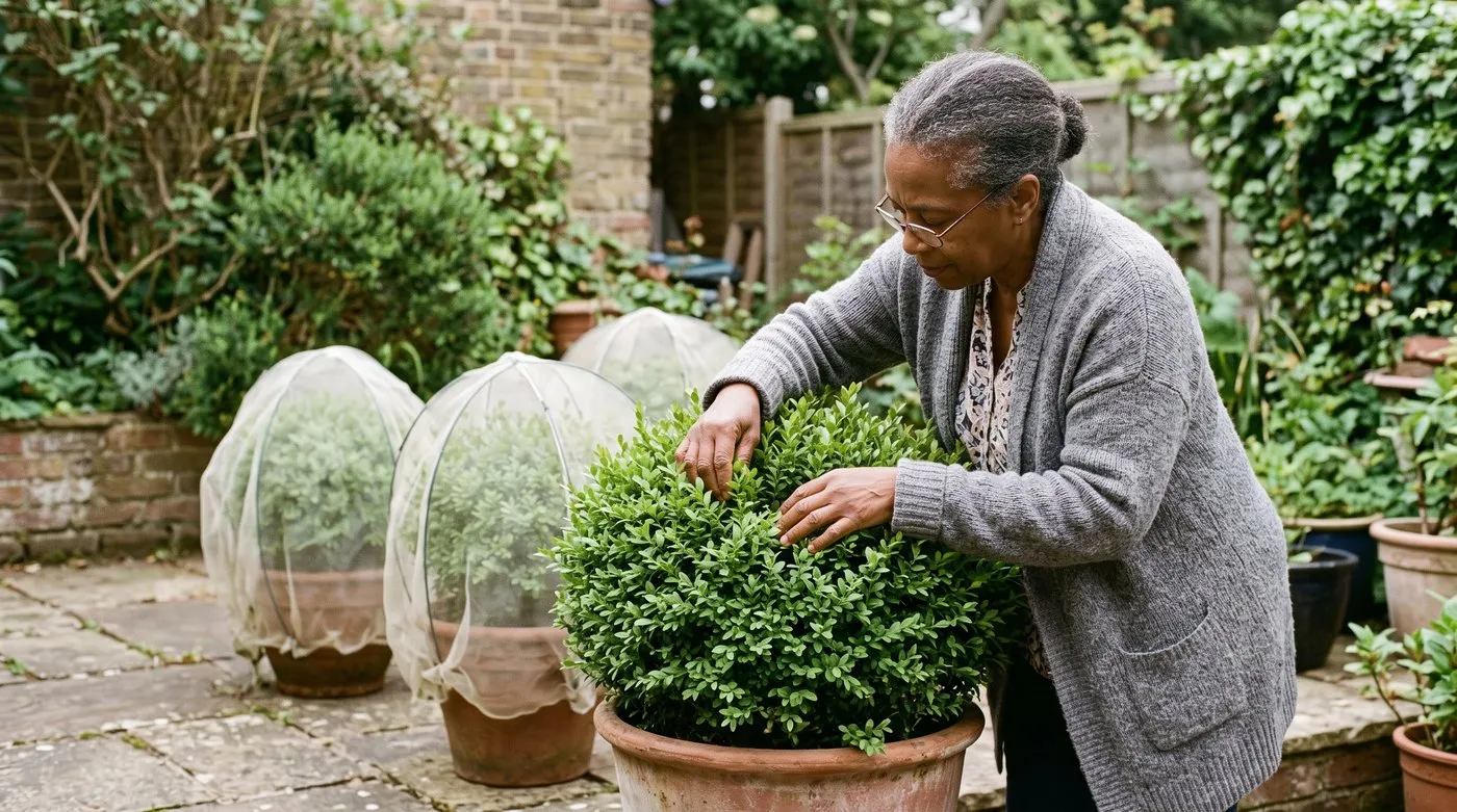 Woman checking inside a potted box ball for box tree moth with netted box plants on hoops behind