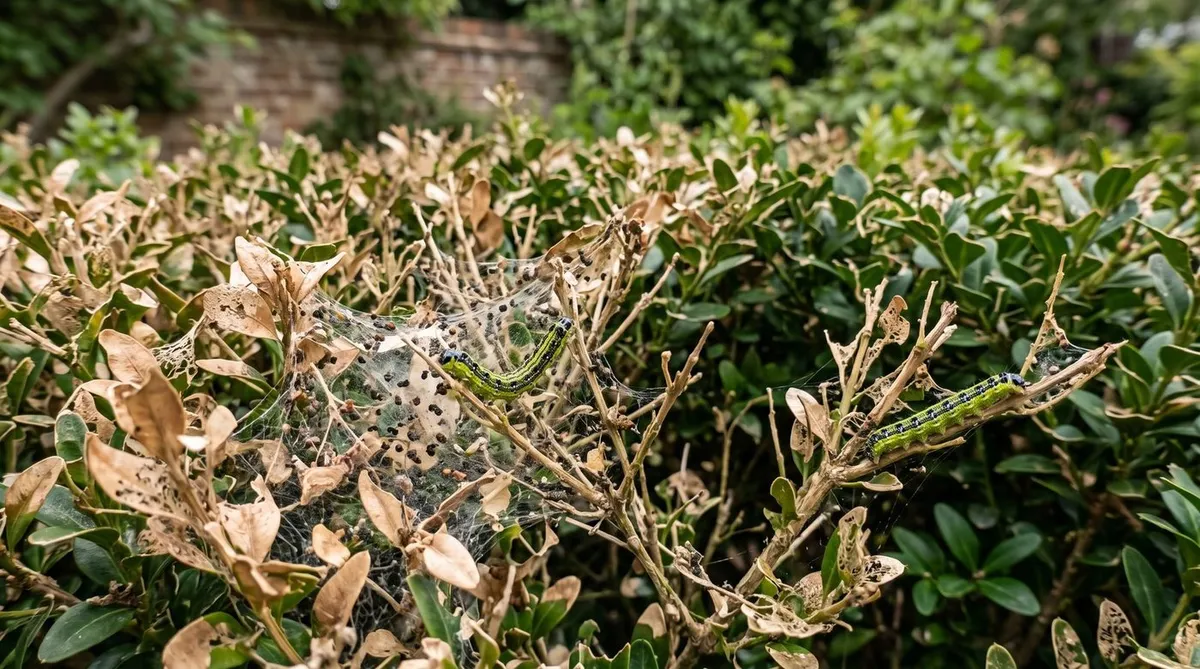Box tree moth caterpillars and webbing on a damaged box hedge in a UK garden