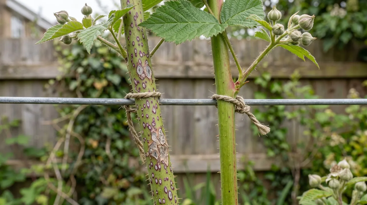 Loganberry cane with small purple cane spot marks beside a clean healthy cane