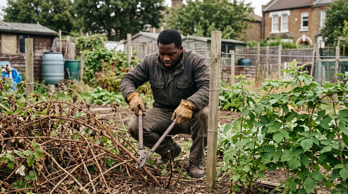 Man in thick gloves cutting old boysenberry canes at the base while new canes stay tied on the wires