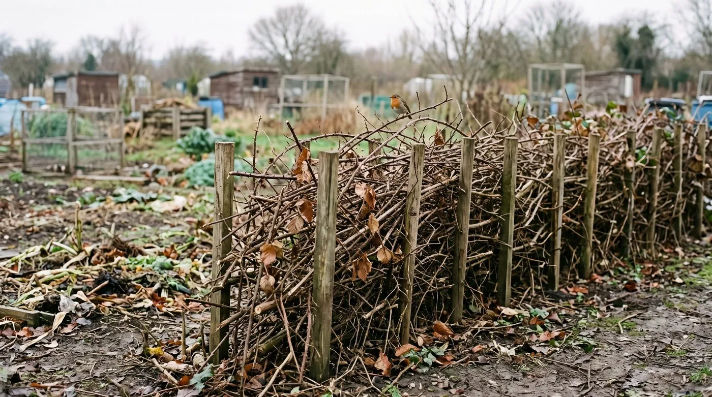 Dead hedge made of cut bramble stems packed between wooden stakes on an allotment edge
