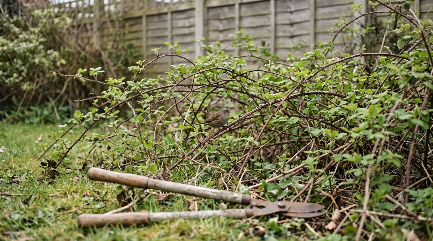 Bramble thicket in spring with a dunnock perched inside and loppers left unused on the lawn
