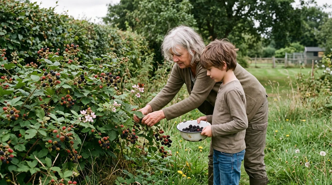 Grandmother and grandson picking blackberries from a tidy bramble patch kept for wildlife
