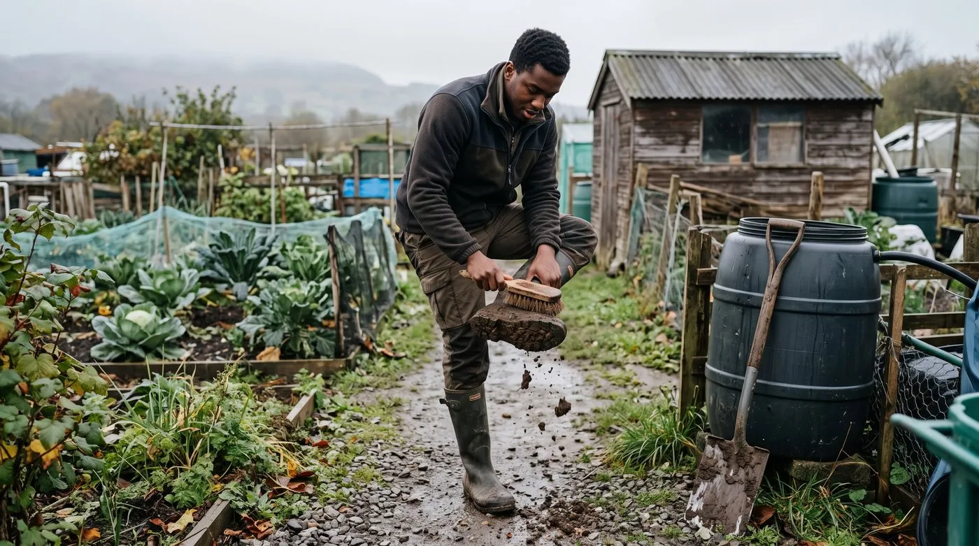 Allotment holder scrubbing soil off his wellington boots with a stiff brush beside a muddy spade