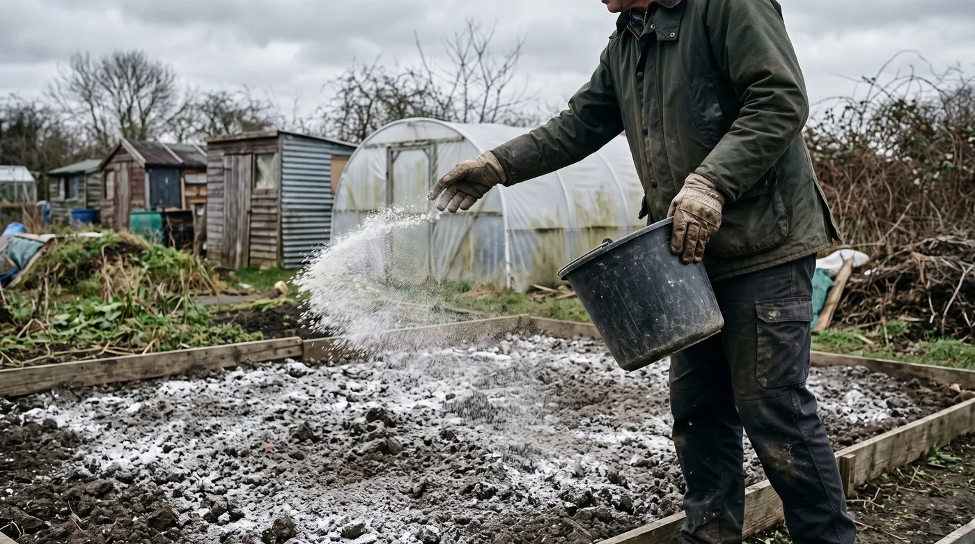 Gardener scattering garden lime by hand over an empty dug allotment bed in winter