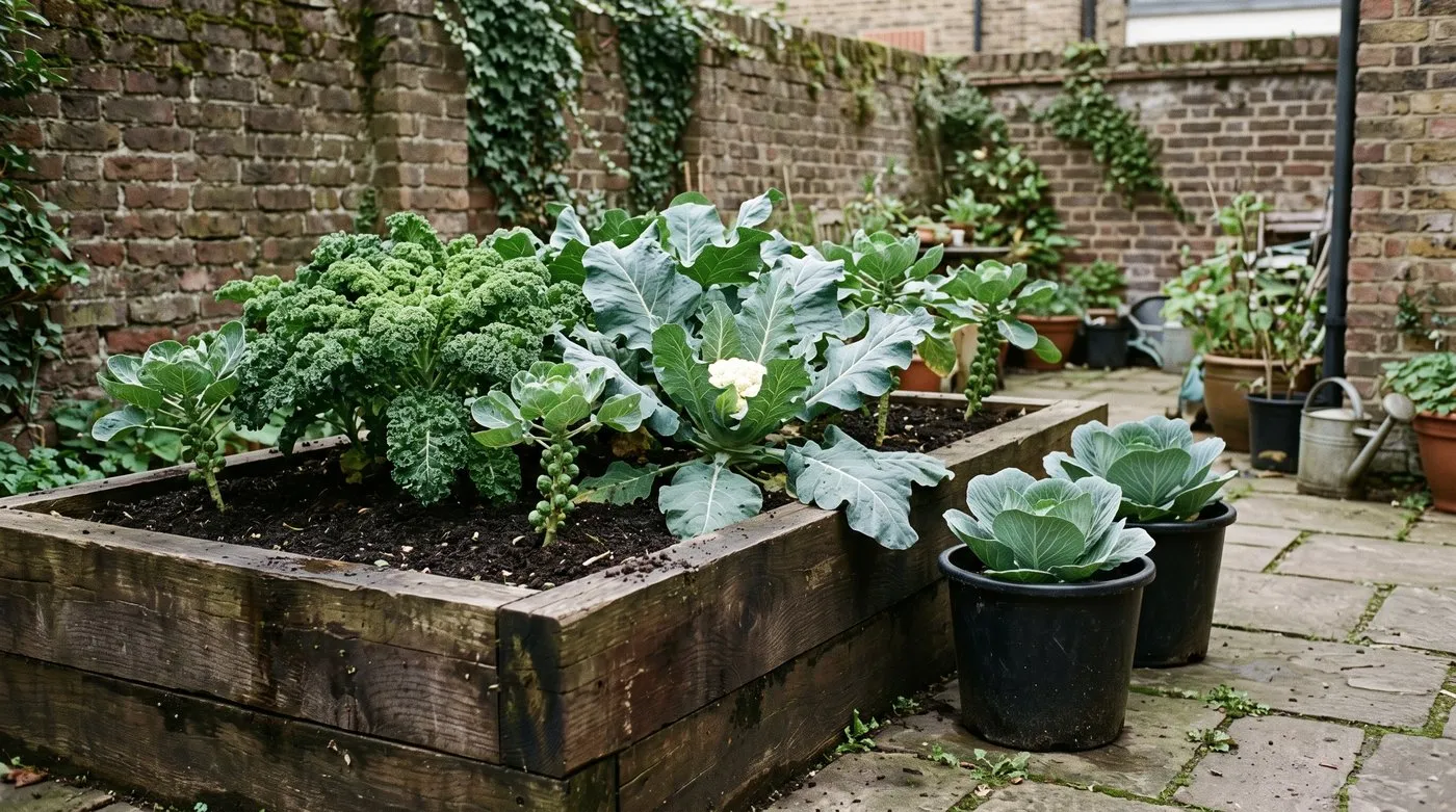 Healthy kale, cauliflower and sprouts in a deep raised bed with cabbages in pots on paving