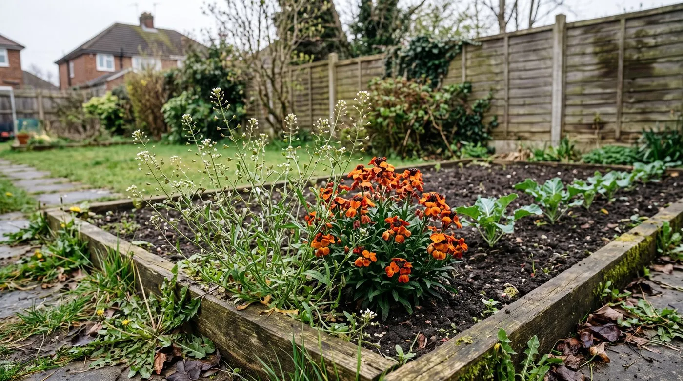 Shepherd's purse weeds with heart-shaped seed pods and orange wallflowers growing beside young kale