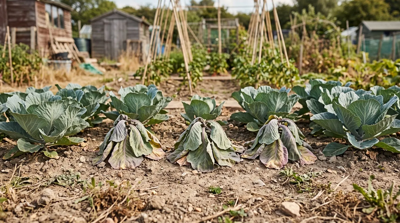 Row of cabbages on an allotment with three plants wilting and yellowing while their neighbours stand firm
