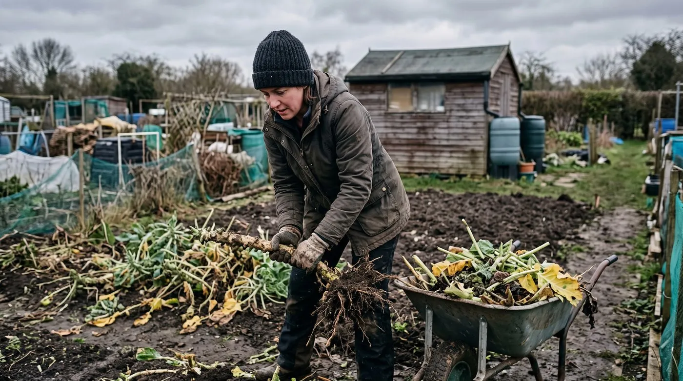 Woman pulling up old Brussels sprout stumps on a UK allotment to clear brassica disease