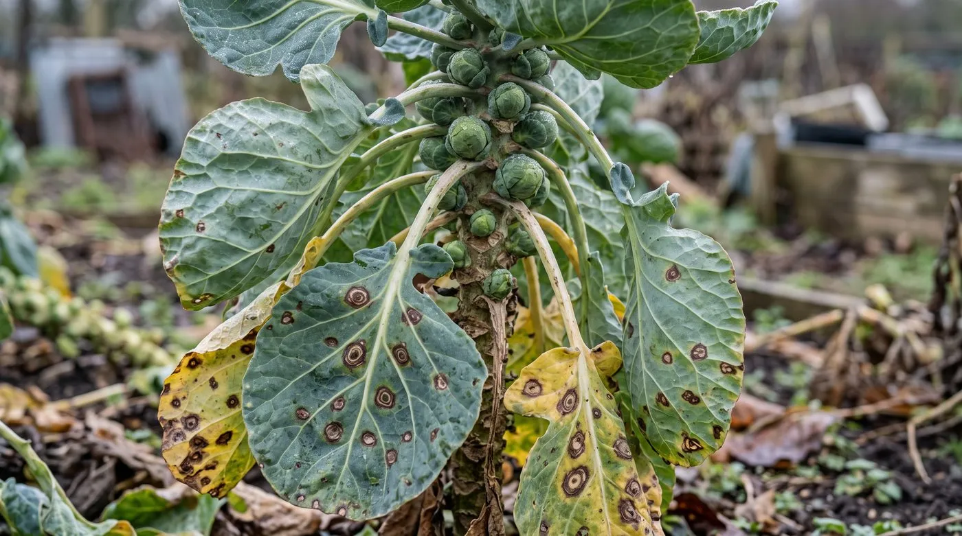 Brussels sprout lower leaves with brown target-like ring spot marks and yellowing in winter