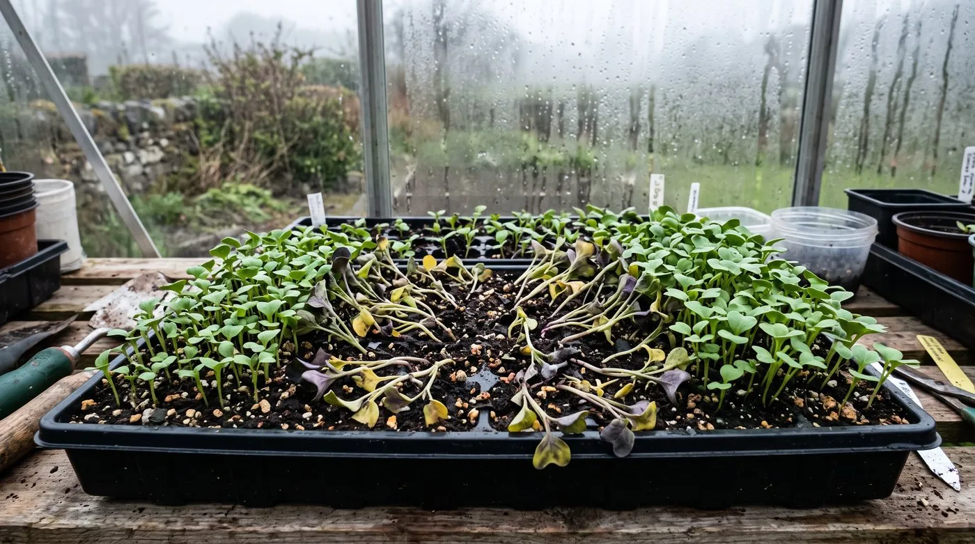 Crowded tray of cabbage seedlings with yellow, collapsing seed leaves under misted greenhouse glass