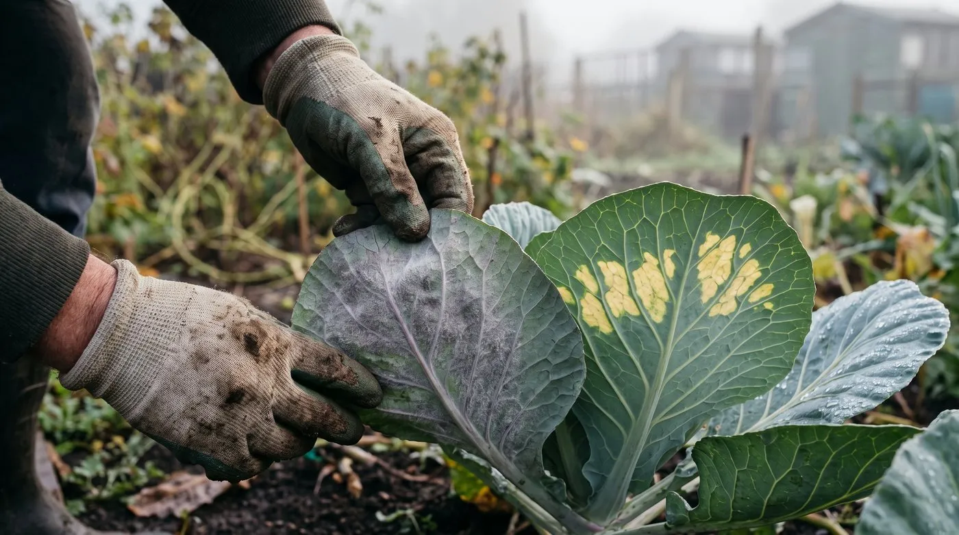 Gloved hands turning a cabbage leaf to show grey downy mildew fuzz under yellow angular patches