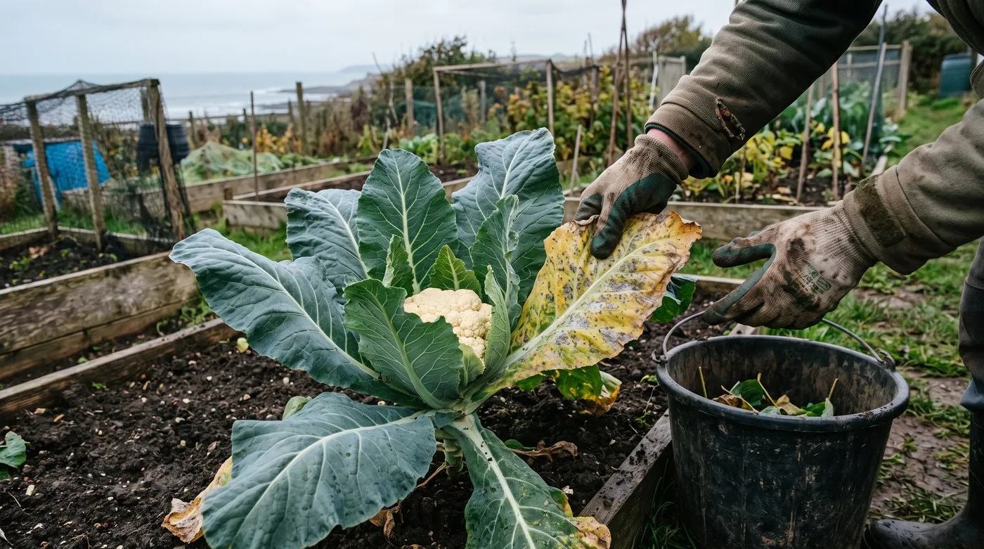 Gloved hands removing a yellow mildew-marked outer leaf from a cauliflower into a bucket