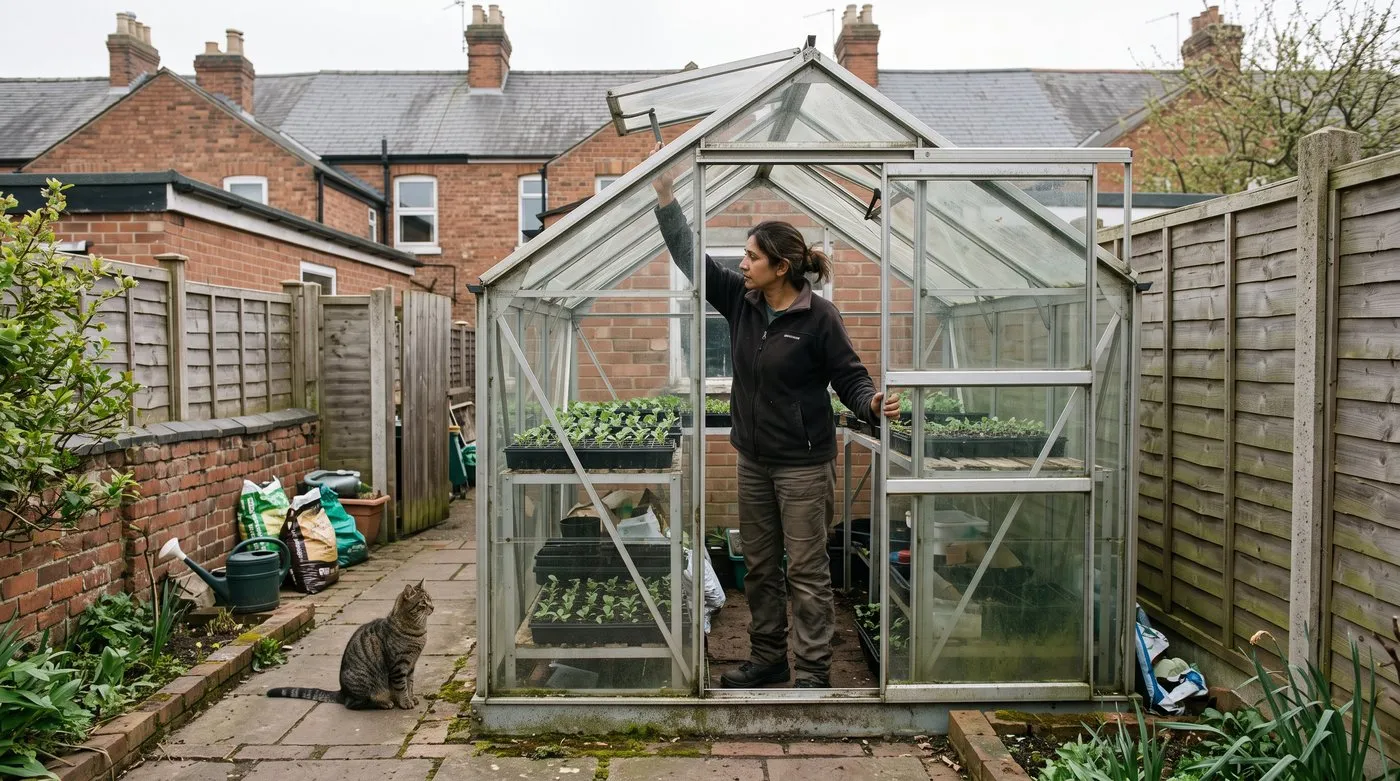 Gardener opening a greenhouse vent above well-spaced trays of brassica seedlings, a cat on the path