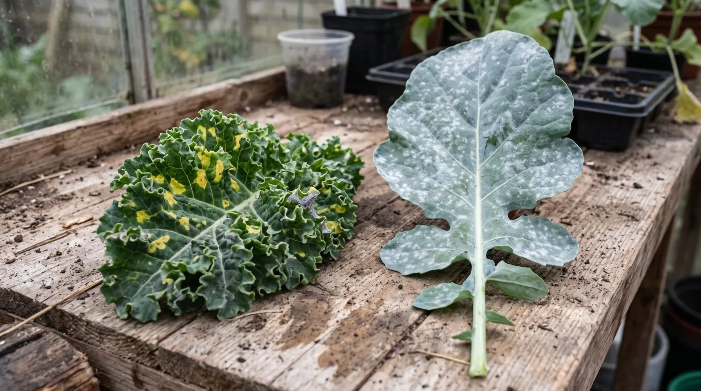 Kale leaf with downy mildew patches beside a swede leaf with white powdery mildew on top