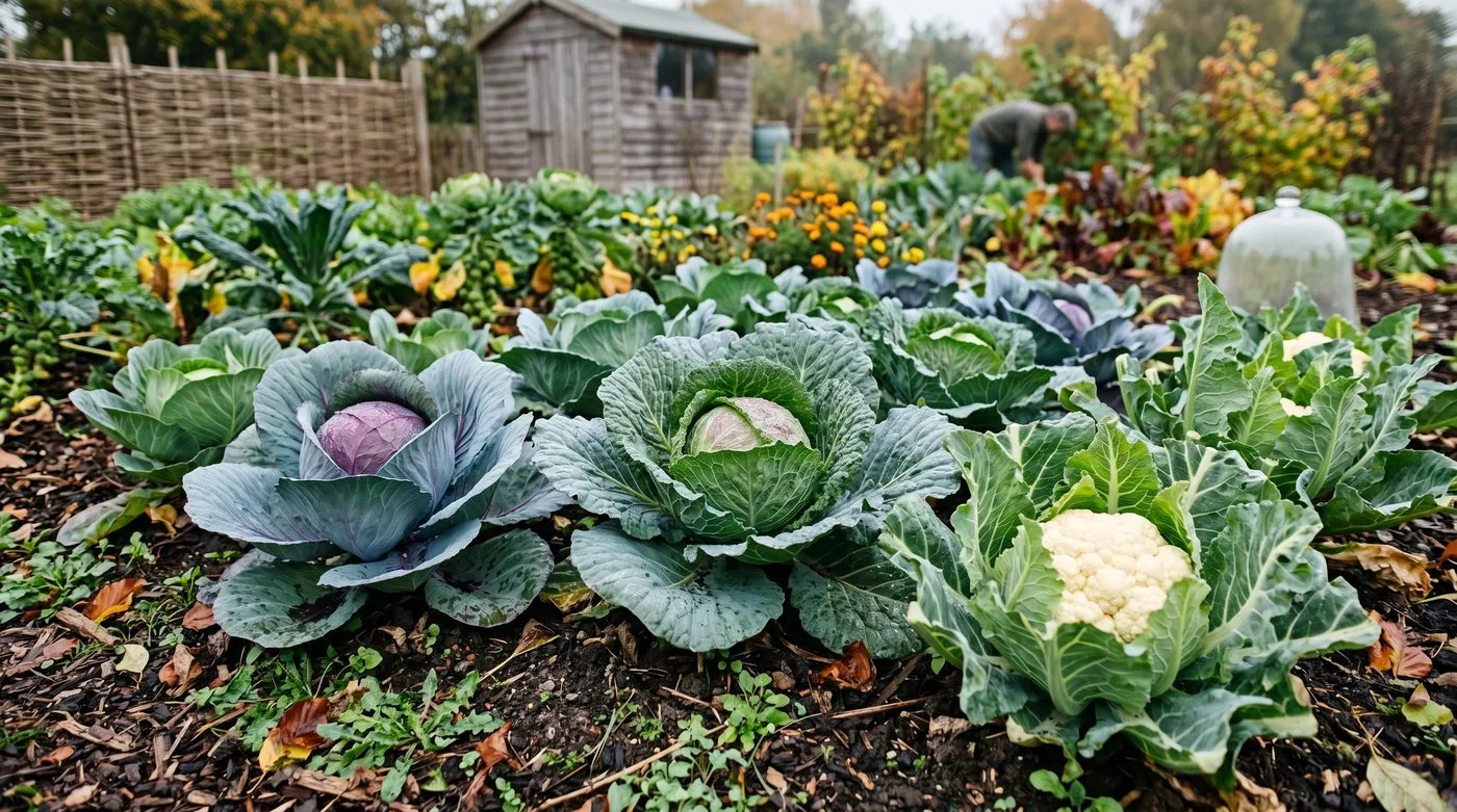 Mature UK brassica plants in early autumn with cabbages forming tight hearts and cauliflowers developing curds as shortening day length triggers head formation