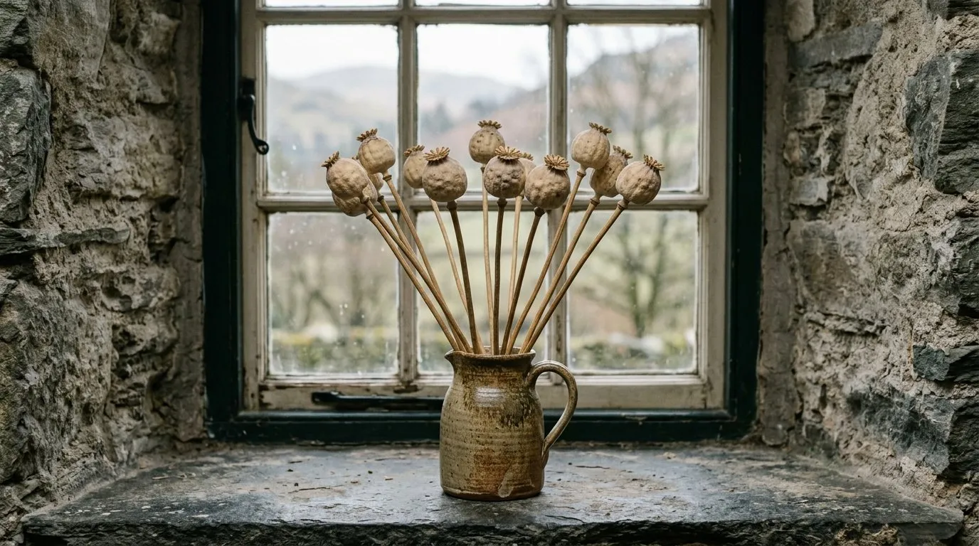 Dried breadseed poppy seed heads in a rustic jug used for a winter craft display on a windowsill