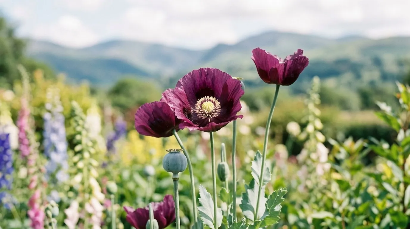 Deep plum breadseed poppy flowers of the variety Laurens Grape in a sunny Welsh cottage border