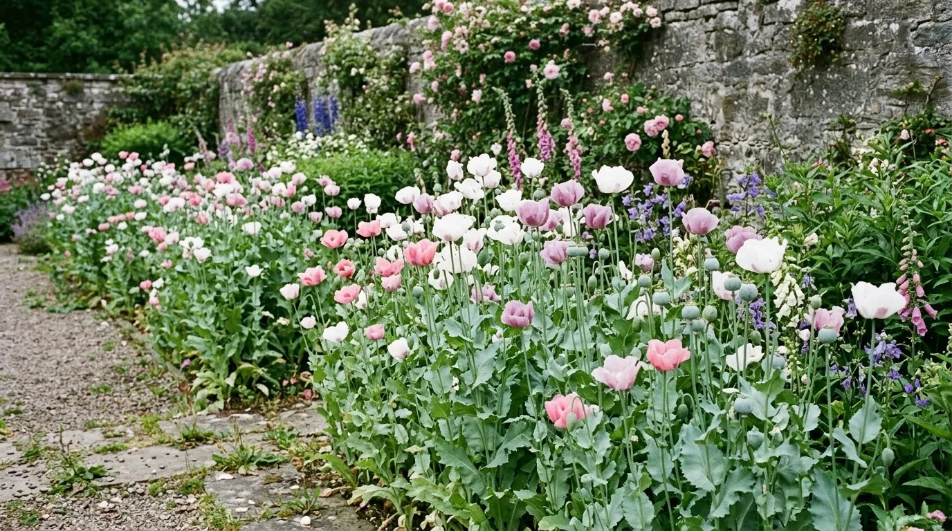 Mass of white and pink breadseed poppies flowering in a Scottish walled garden border