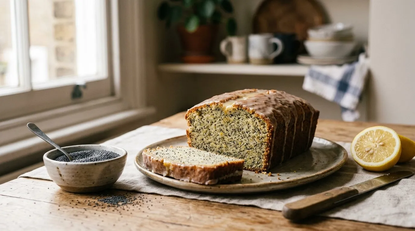 Home-baked lemon and poppy seed cake studded with breadseed poppy seed on a kitchen table