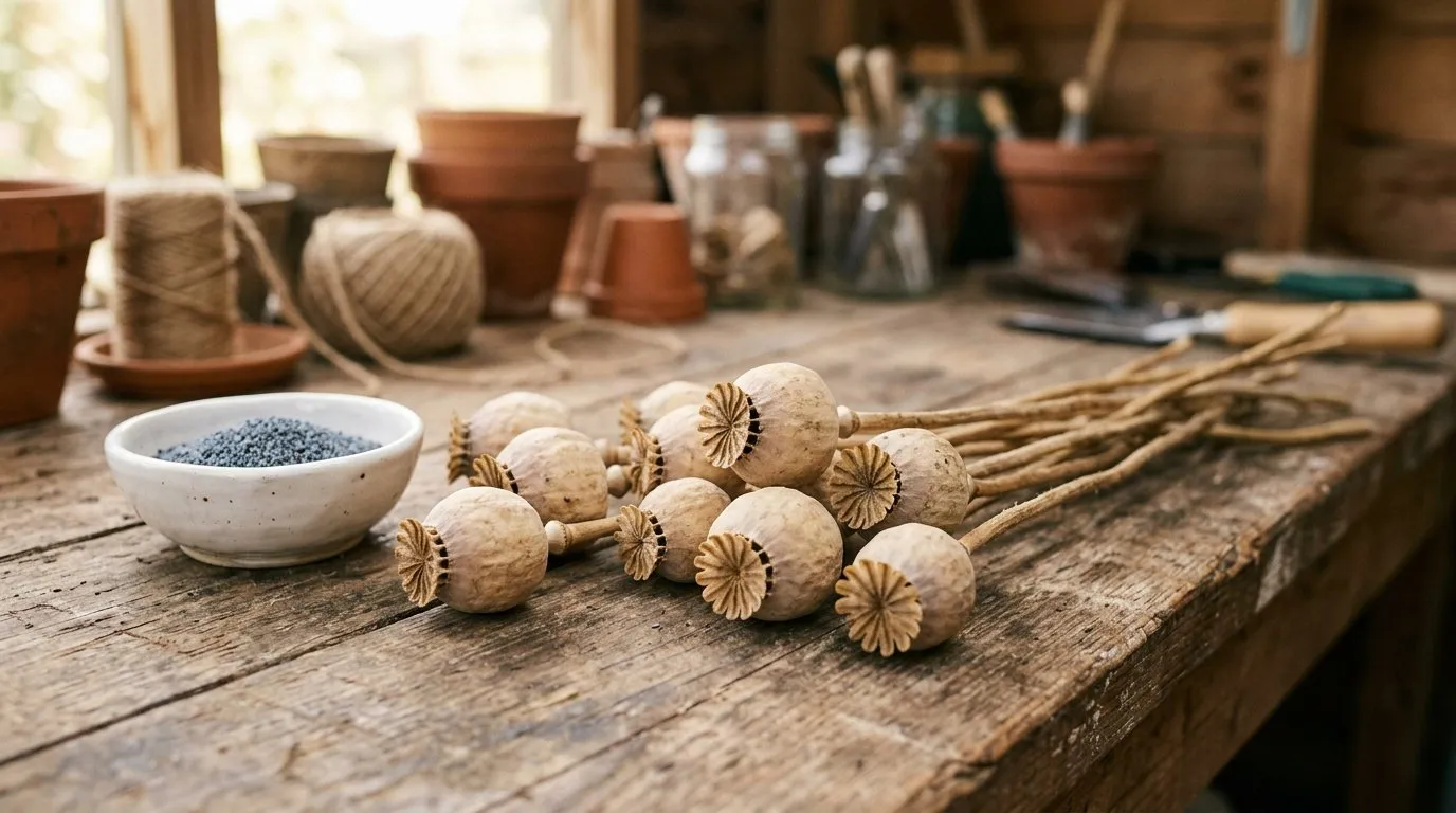 Beige breadseed poppy seed heads drying on a bench beside a bowl of harvested blue-grey seed