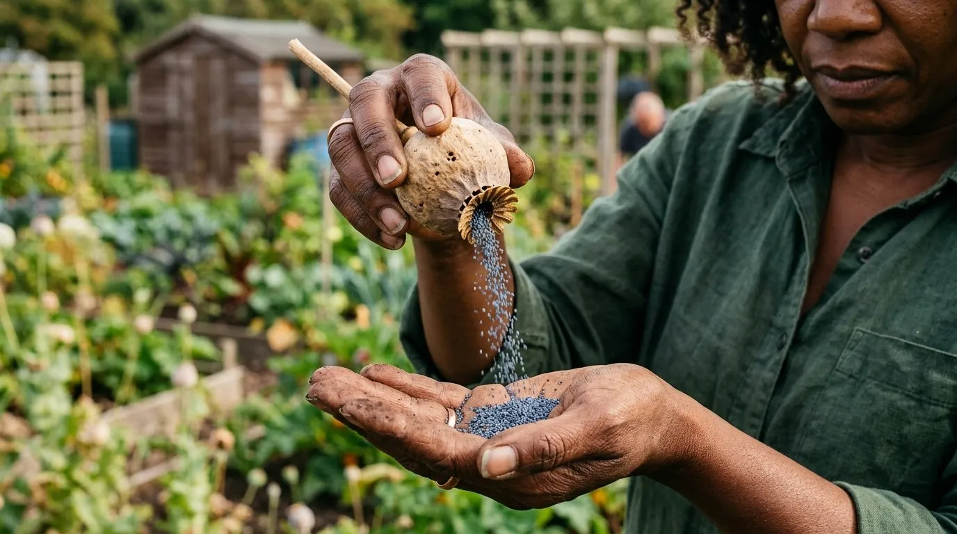 A handful of blue-grey breadseed poppy seed poured from a ripe pod at an allotment plot