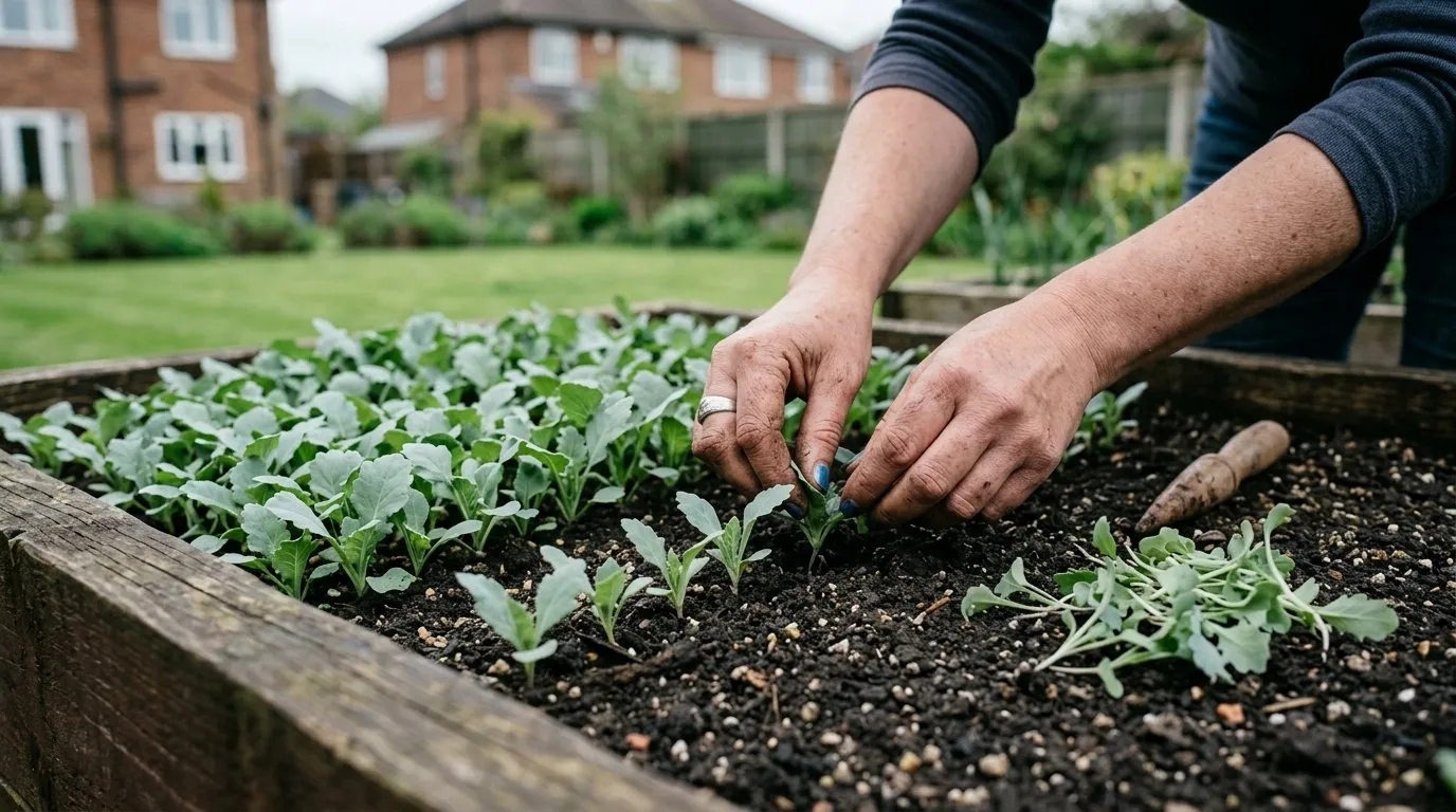 Grey-green breadseed poppy seedlings being thinned to 20cm spacing in a raked spring bed