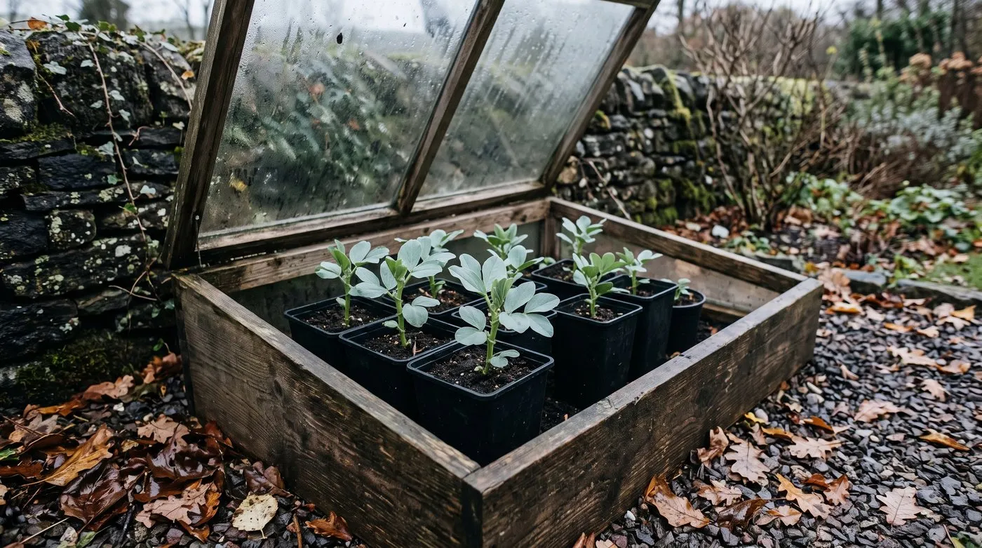 Autumn-sown broad bean seedlings in deep pots and root trainers inside a cold frame in November