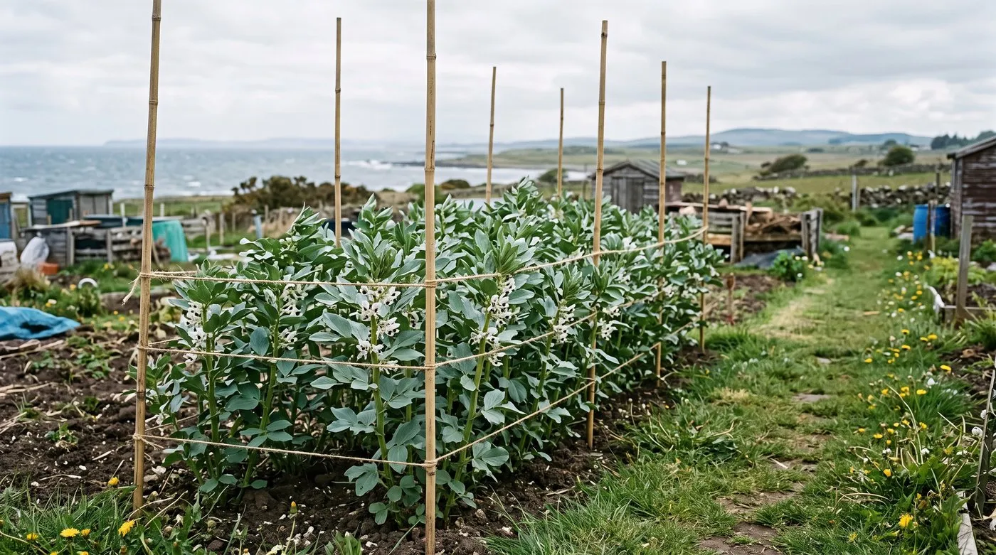 Tall flowering broad beans held up by canes and lines of string along both sides of a double row