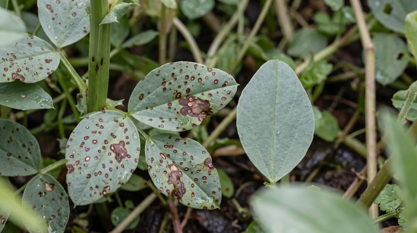 Broad bean leaves with dark brown chocolate spot marks next to a healthy leaf