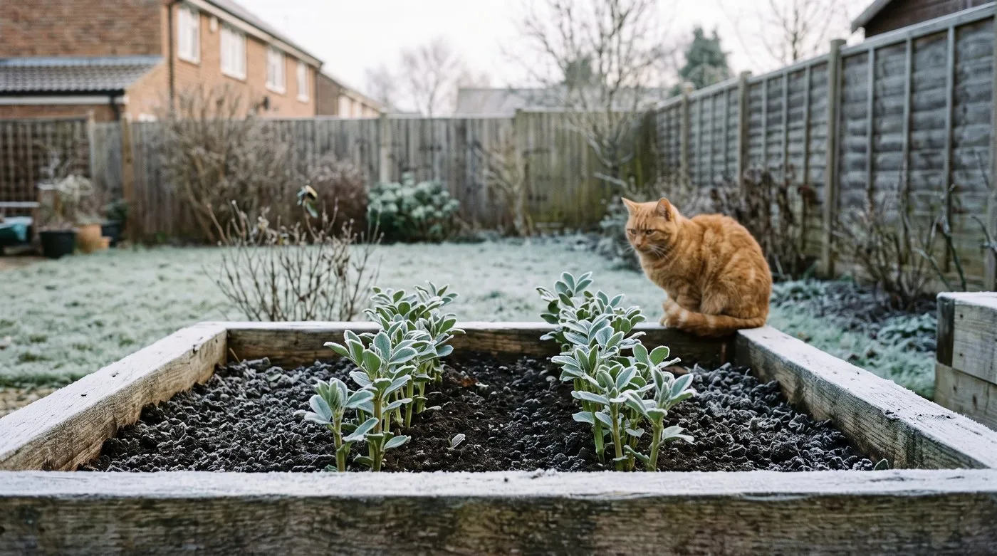Short autumn-sown broad bean plants with frosted leaves in a raised bed, with a ginger cat on the edge