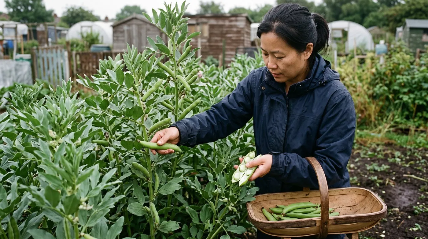 Woman picking broad bean pods into a trug, holding an open pod of small pale green beans