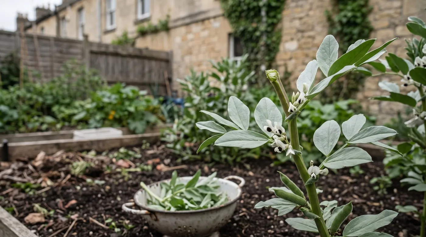 Broad bean plant with its soft tip pinched off and small pods forming, with picked tips in a colander