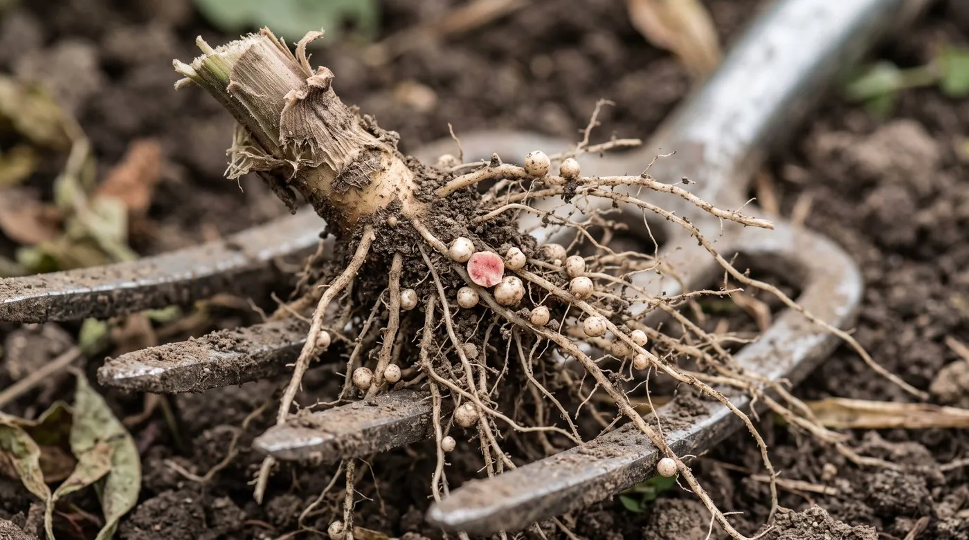 Broad bean roots with small round nodules, one cut open to show pink inside