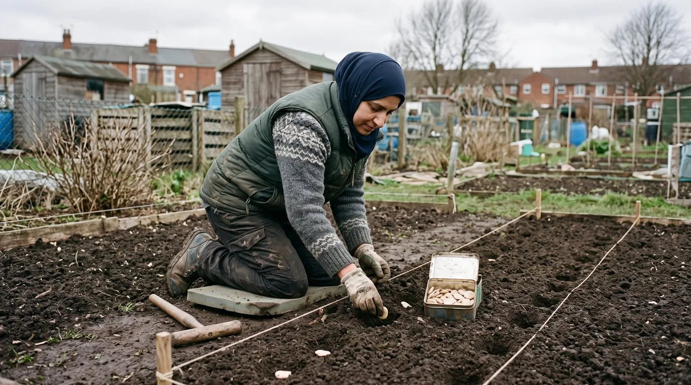 Woman in a hijab sowing broad bean seeds in a double row along a string line on an allotment