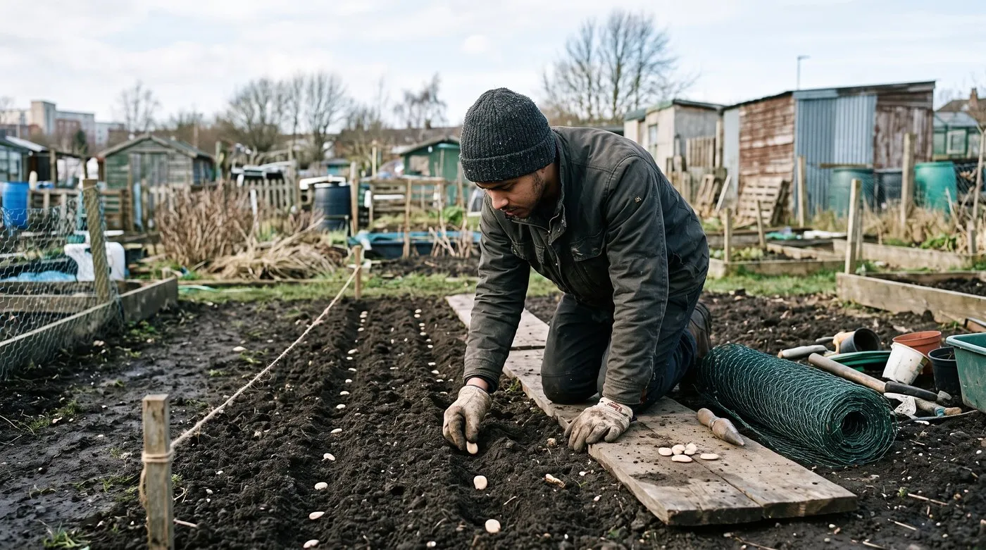 Man sowing broad bean seeds in a double row along a garden line on an allotment in spring