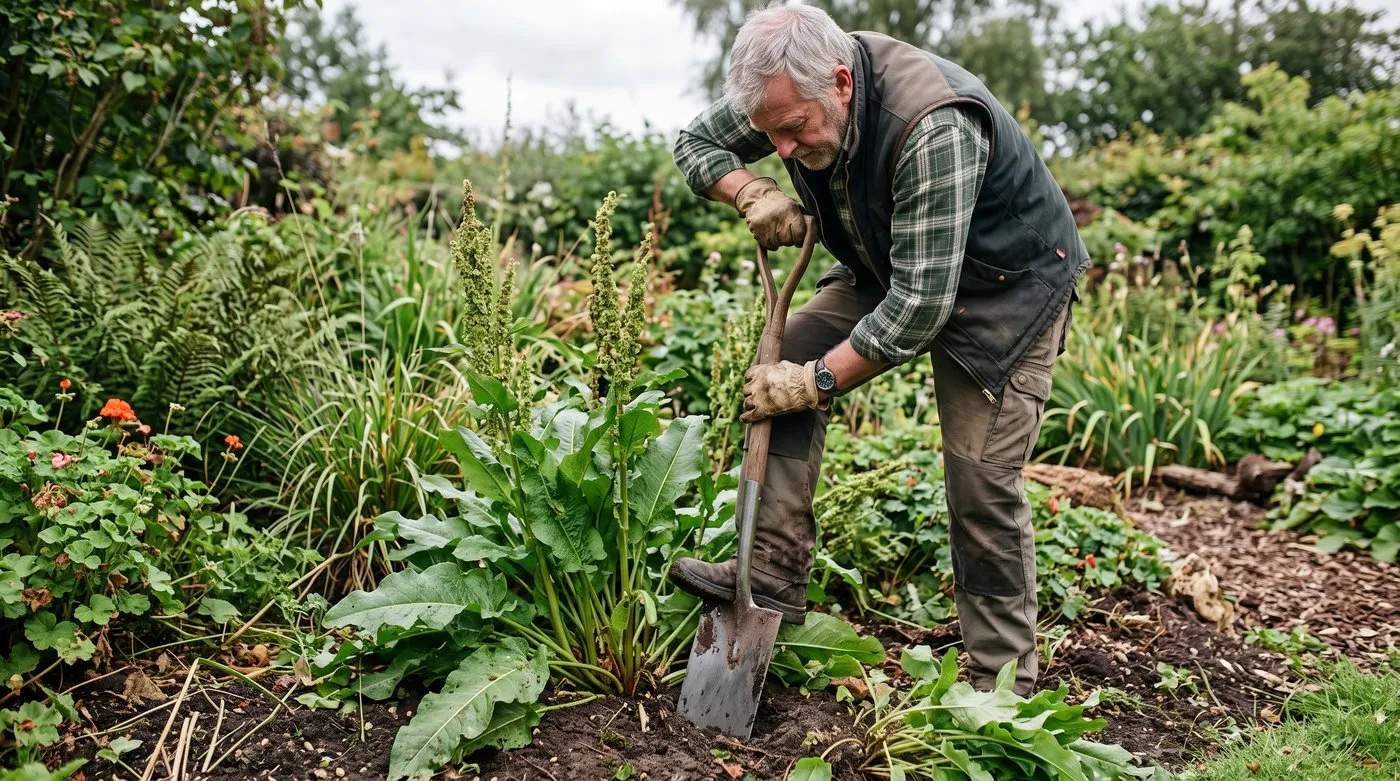 A gardener driving a narrow spade down vertically beside a dock to lever out the whole tap root in a border