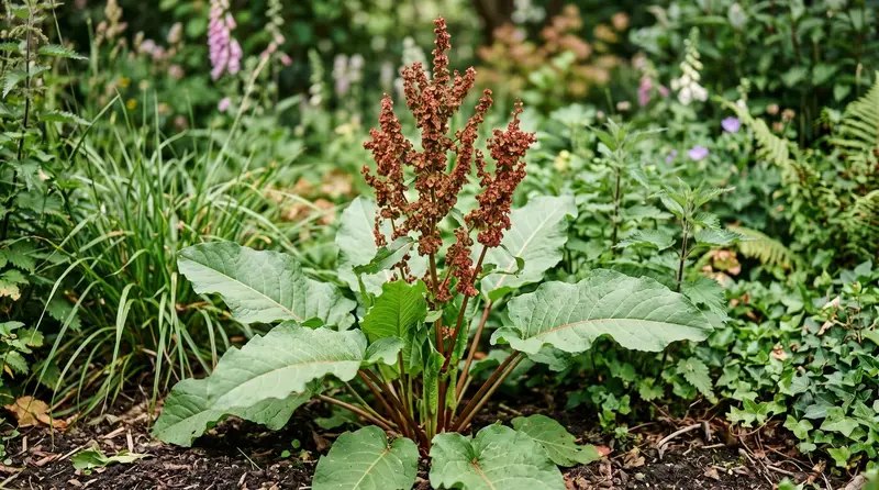 Broad-leaved dock Rumex obtusifolius with large oval leaves and a rusty-red seed spike in a UK garden