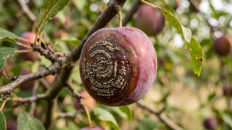 A diagnostic close-up of UK stone fruit showing brown rot (Monilinia) on a ripe plum