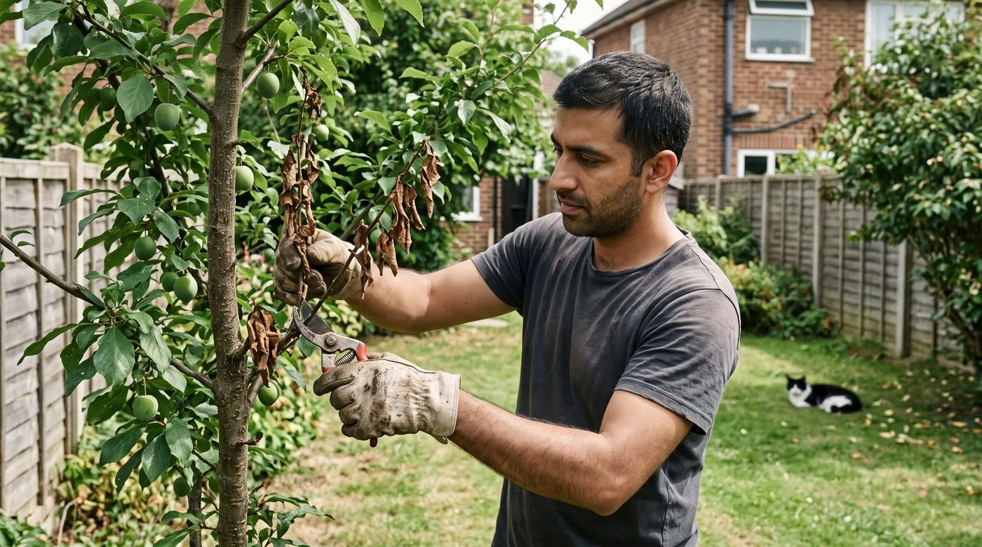 Gardener cutting a dead shrivelled shoot out of a plum tree in summer with secateurs
