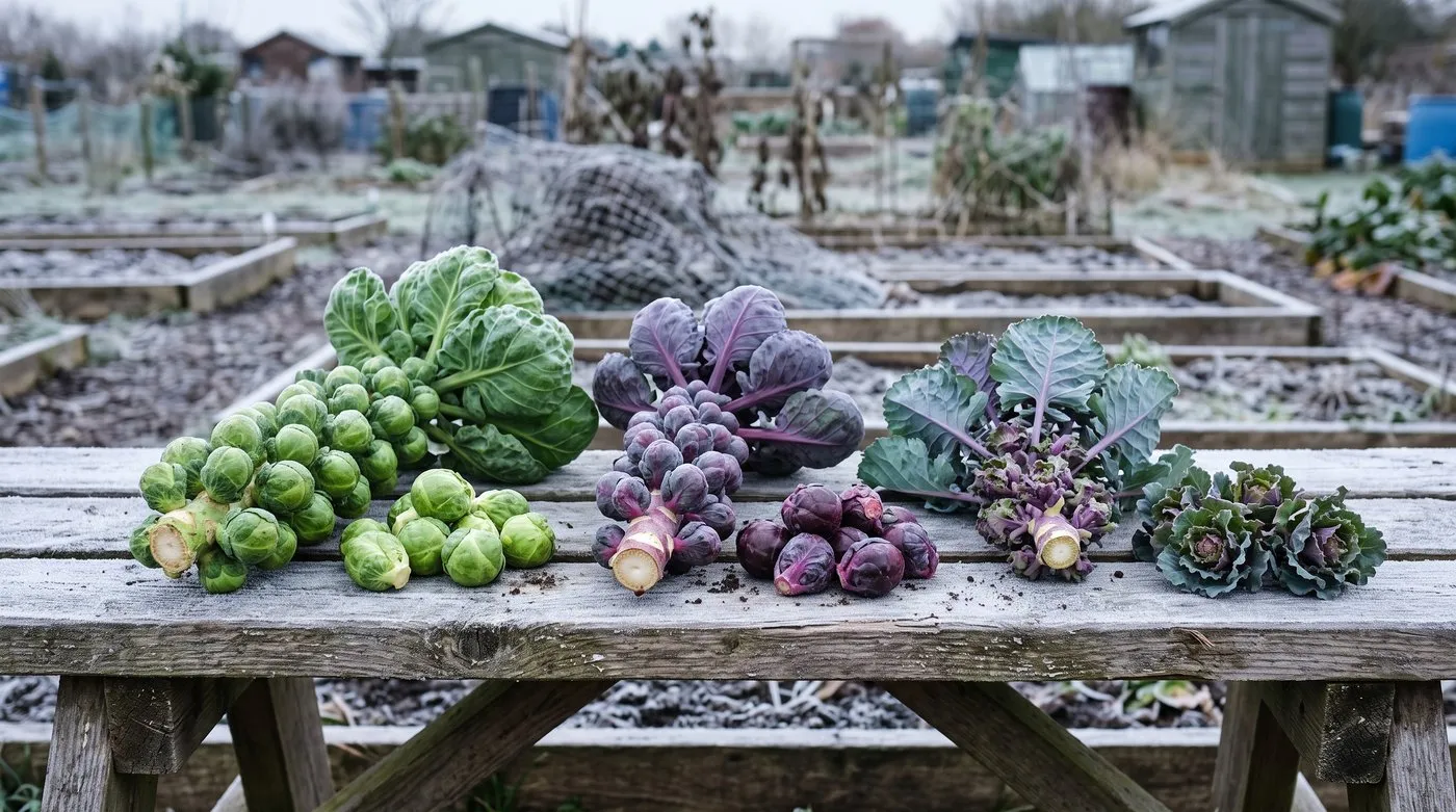 Green Brussels sprouts, red-purple Falstaff sprouts and frilly flower sprouts on a frosty bench