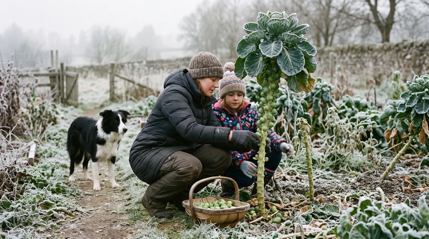 Mother and daughter picking frosty Brussels sprouts from the bottom of the stem, with a collie nearby